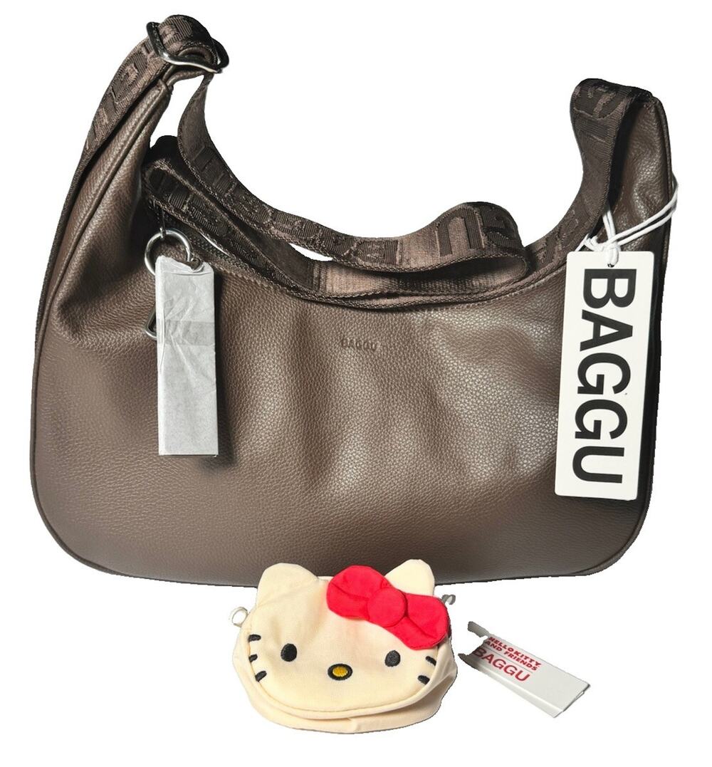 BAGGU Medium Recycled Leather Crescent Bag Brown NWT + Hello Kitty Charm